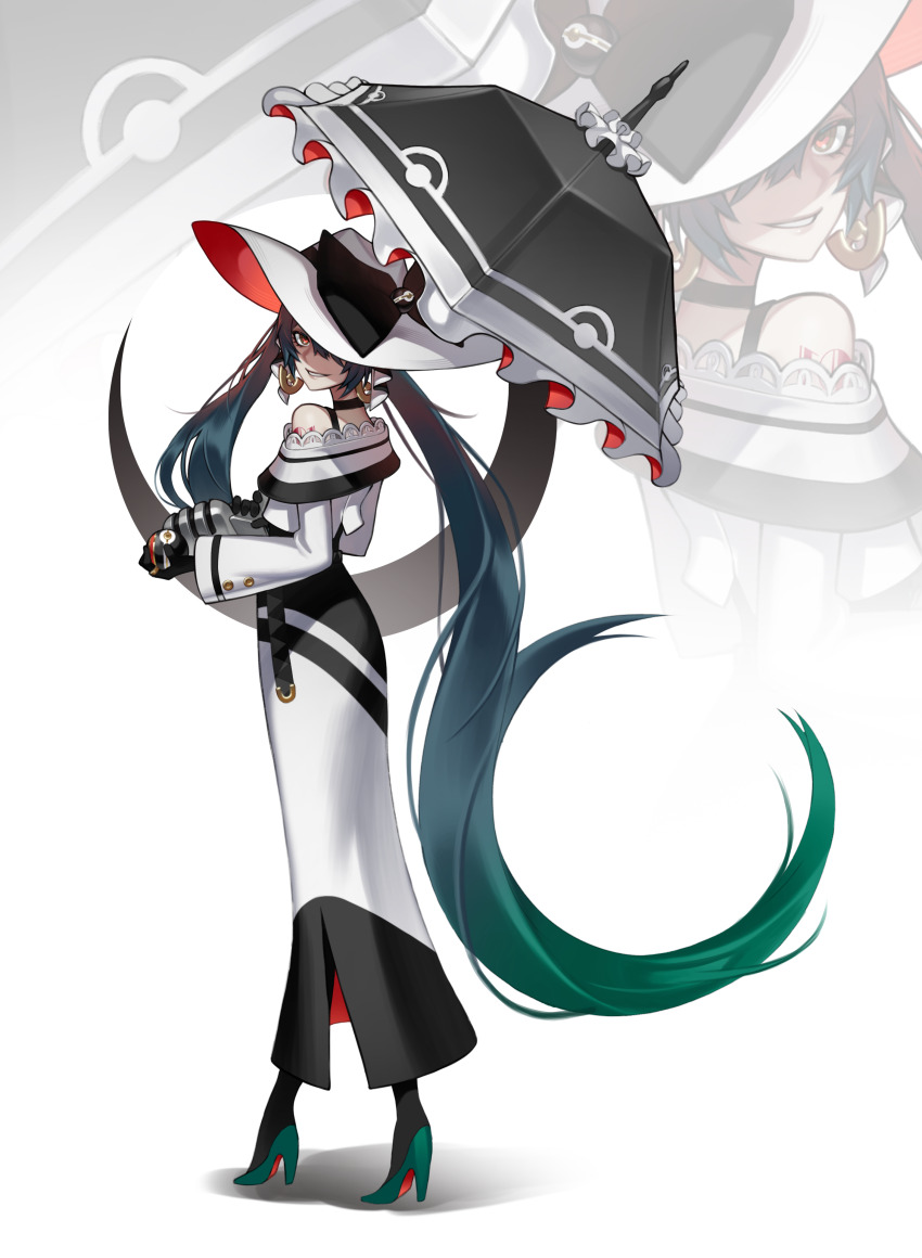 absurdly_long_hair absurdres bare_shoulders black_choker black_gloves black_pantyhose black_ribbon choker creatures_(company) dark_green_hair dark_miku_(project_voltage) earrings game_freak gloves green_footwear hat hat_ribbon hatsune_miku high_heels highres holding holding_umbrella jewelry long_hair long_skirt long_sleeves looking_at_viewer luxury_ball microphone nintendo ori_(pixiv3776782) pantyhose poke_ball pokemon project_voltage red_eyes ribbon skirt smile twintails umbrella uneven_twintails very_long_hair vocaloid zoom_layer