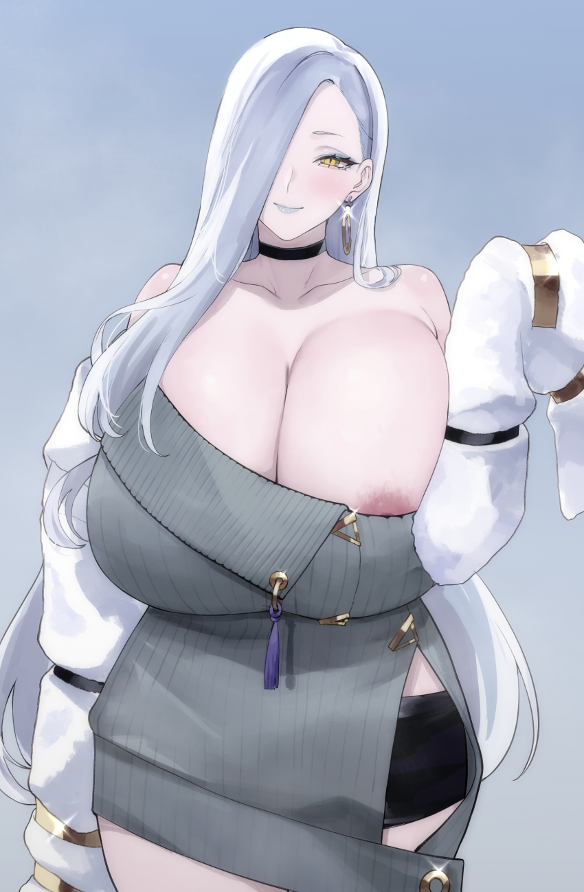 1girl absurdres areola_slip asymmetrical_bangs bare_shoulders black_choker black_skirt blood_hood blue_eyeshadow blue_lips blush breasts choker cleavage closed_mouth collarbone commentary cowboy_shot curvy dress earrings english_commentary eyelashes eyeshadow fate/grand_order fate_(series) fur_jacket glint grey_background grey_dress hair_over_one_eye highres hip_vent hoop_earrings huge_breasts jacket jewelry lipstick long_hair looking_at_viewer makeup microskirt mrs._snake_(fate) open_clothes open_jacket pencil_skirt ribbed_dress simple_background skirt sleeves_past_fingers sleeves_past_wrists slit_pupils smile solo standing straight_hair strapless strapless_dress sweater sweater_dress tassel white_hair white_jacket yellow_eyes