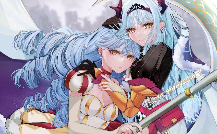 2girls 6_may_6 angeline_(sennen_sensou_aigis) anniversary axe bag black_tiara blue_hair blurry blurry_background breasts choker cleavage cloak commentary dress drill_hair earrings fingernails frilled_dress frills fur-trimmed_cloak fur_trim happy_anniversary highres holding holding_axe horns jewelry juliet_sleeves long_fingernails long_hair long_sleeves looking_at_viewer multiple_girls orange_eyes pendant_choker puffy_sleeves purple_cloak red_choker sennen_sensou_aigis smile tears tiara upper_body wilahelm_(sennen_sensou_aigis)