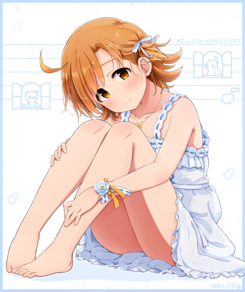 1girl ahoge anko222g armband bare_shoulders barefoot bird blush brown_eyes brown_hair butterfly_necklace cat closed_mouth collarbone dress flower frilled_dress frills full_body hair_ribbon head_down highres hugging_own_legs idolmaster idolmaster_million_live! idolmaster_million_live!_theater_days knees_up looking_at_viewer musical_note orange_ribbon parakeet pure_onepiece_(idolmaster) ribbon short_hair shy sleeveless sleeveless_dress smile solo toes twitter_username white_armband white_background white_dress white_flower white_ribbon wrist_flower wrist_ribbon yabuki_kana