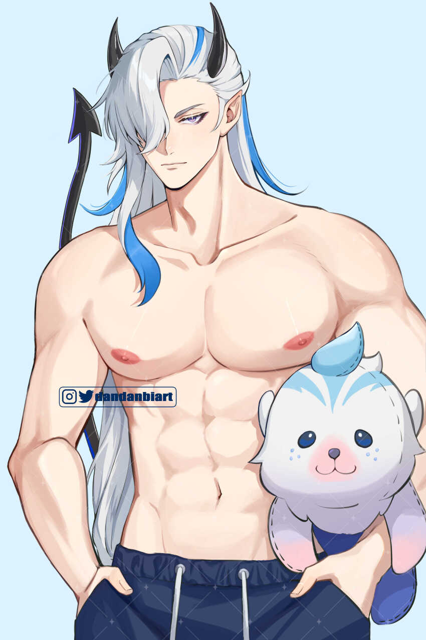 1boy abs absurdres black_pants blue_background blue_hair closed_mouth dandanbiart demon_horns demon_tail genshin_impact hair_between_eyes hair_over_one_eye highres horns leisurely_otter_(genshin_impact) long_hair male_focus multicolored_hair muscular muscular_male navel neuvillette_(genshin_impact) nipples pants purple_eyes solo stomach streaked_hair stuffed_animal stuffed_toy tail topless_male white_hair