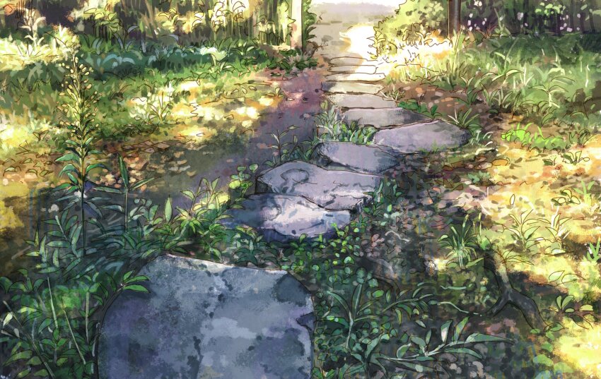 absurdres day grass highres no_humans original painting_(medium) path plant road sanegesan scenery shadow stepping_stones sunlight traditional_media weeds