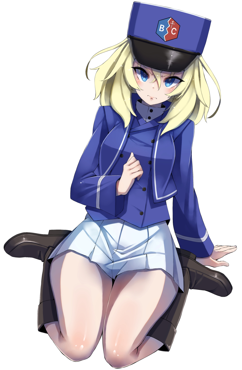 1girl absurdres bc_freedom_(emblem) bc_freedom_military_uniform black_footwear blonde_hair blue_eyes blue_hat blue_jacket blue_vest boots closed_mouth commentary dress_shirt emblem frown girls_und_panzer hat high_collar highres jacket kepi knee_boots long_sleeves looking_at_viewer medium_hair messy_hair military_hat military_uniform miniskirt oshida_(girls_und_panzer) pleated_skirt sattinittas shirt simple_background sitting skirt solo vest wariza white_background white_shirt white_skirt