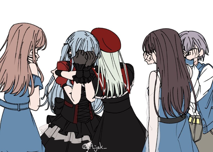 5girls a_jak bang_dream! bang_dream!_it&#039;s_mygo!!!!! belt beret black_belt black_capelet black_corset black_hair black_ribbon black_skirt blue_belt blue_dress blue_hair brown_hair capelet corset crychic_(bang_dream!) crying dress earrings green_hair grey_hair hair_ribbon hands_on_own_face hat hug jacket jewelry long_hair mortis_(bang_dream!) multiple_girls nagasaki_soyo oblivionis_(bang_dream!) open_clothes open_jacket red_hat red_shirt ribbon shiina_taki shirt short_hair short_sleeves simple_background skirt takamatsu_tomori togawa_sakiko two_side_up wakaba_mutsumi white_background white_shirt