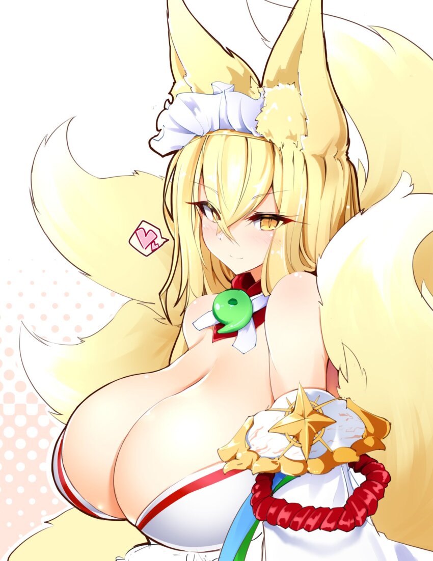 1girl animal_ear_fluff animal_ears blush breasts cleavage detached_collar detached_sleeves fox_ears fox_girl fox_tail heart highres huge_breasts last_origin leqz5945 looking_at_viewer magatama maid_headdress multiple_girls simple_background slit_pupils smile solo spoken_heart tail yellow_eyes