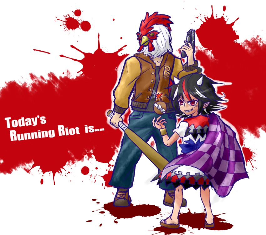 1boy 1girl baseball_bat blood blood_splatter bomb crossover denim english_text evil_grin evil_smile explosive grin gun handgun height_difference hotline_miami jacket jacket_(hotline_miami) jeans kijin_seija letterman_jacket pants pistol richard_(hotline_miami) sandals smile touhou weapon