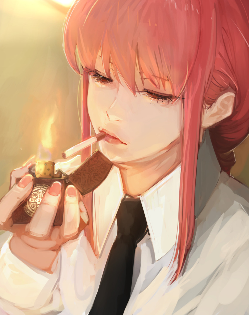 1girl black_necktie braid braided_ponytail chainsaw_man cigarette commentary dress_shirt half-closed_eyes higemu highres holding holding_lighter lighter long_bangs makima_(chainsaw_man) necktie red_hair shirt sidelocks single_braid smoking solo upper_body white_shirt zippo_lighter