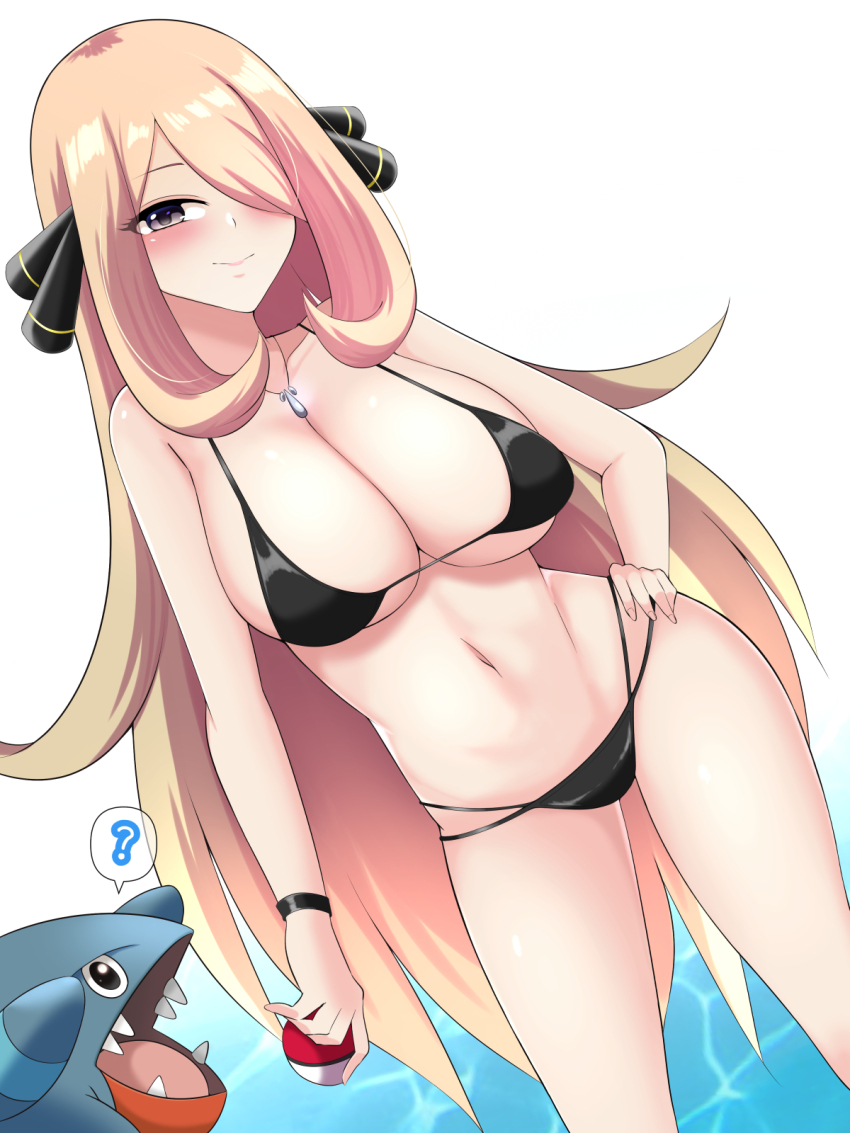 1girl ? bikini black_bikini blonde_hair blush breasts closed_mouth creatures_(company) cynthia_(pokemon) game_freak gen_4_pokemon gible grey_eyes hair_ornament hand_on_own_hip highres holding holding_poke_ball jewelry kurorettsu large_breasts long_hair looking_at_viewer navel nintendo pendant poke_ball poke_ball_(basic) pokemon pokemon_(creature) pokemon_dppt spoken_question_mark stomach swimsuit very_long_hair water wristband