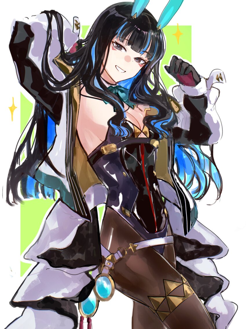 1girl absurdres animal_ears arms_up bare_shoulders belt black_gloves black_hair black_leotard blue_hair bow bowtie breasts brown_pantyhose cleavage colored_inner_hair detached_collar eyeliner fake_animal_ears fate/grand_order fate_(series) gloves grey_eyes grin highleg highleg_leotard highres jacket leotard long_hair long_sleeves looking_at_viewer makeup medium_breasts multicolored_hair multicolored_jacket off_shoulder pantyhose playboy_bunny rabbit_ears red_gloves sidelocks smile solo sparkle tenochtitlan_(fate) tenochtitlan_(swimsuit_mooncancer)_(fate) tenochtitlan_(swimsuit_mooncancer)_(third_ascension)_(fate) thighs two-tone_jacket white_jacket yellow_jacket yotsutsu428