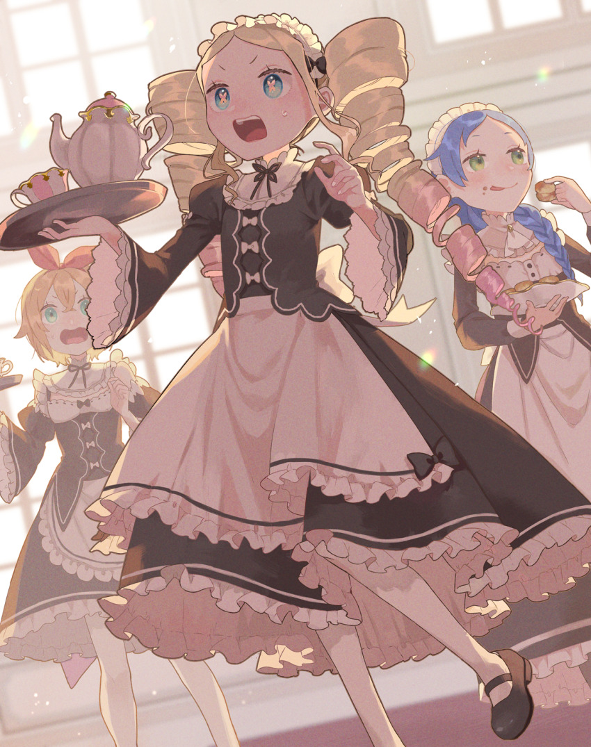 3girls apron beatrice_(re:zero) blonde_hair blue_eyes blue_hair butterfly-shaped_pupils commentary_request cup dress drill_hair eating eyelashes food food_on_face frills from_below green_eyes hair_ribbon highres holding long_hair long_sleeves maid maid_headdress meili_portroute multiple_girls open_mouth orange_hair pantyhose parupin petra_leyte re:zero_kara_hajimeru_isekai_seikatsu red_ribbon ribbon roswaal_mansion_maid_uniform shoes short_hair sweatdrop symbol-shaped_pupils teacup teapot teeth tongue tray twin_drills upper_teeth_only v-shaped_eyebrows waist_apron white_pantyhose