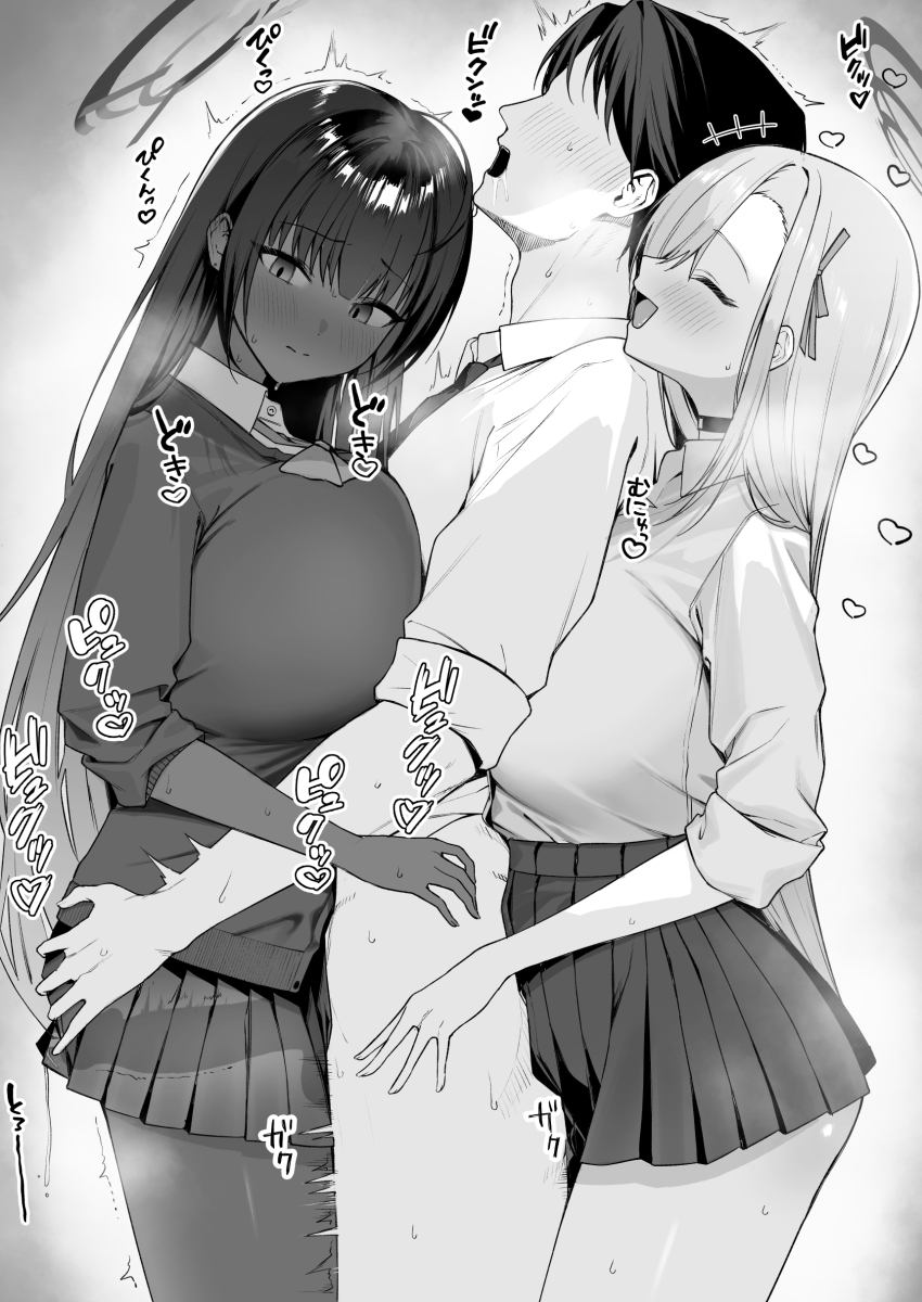 1boy 2girls absurdres asuna_(blue_archive) asuna_(school_uniform)_(blue_archive) blue_archive blush bow bowtie breast_press breasts cardigan choker closed_eyes collared_shirt commentary_request dark-skinned_female dark_skin drooling faceless faceless_male ffm_threesome greyscale group_sex hair_between_eyes hair_over_one_eye hair_ribbon halo heart hetero highres holding_another&#039;s_waist huge_breasts karin_(blue_archive) karin_(school_uniform)_(blue_archive) long_hair monochrome motion_lines multiple_girls necktie official_alternate_costume open_mouth penis pleated_skirt ribbon rikoping2000 school_uniform see-through_body sensei_(blue_archive) shirt shirt_tucked_in skirt sleeves_rolled_up smile steaming_body sweat thigh_sex thighs threesome very_long_hair