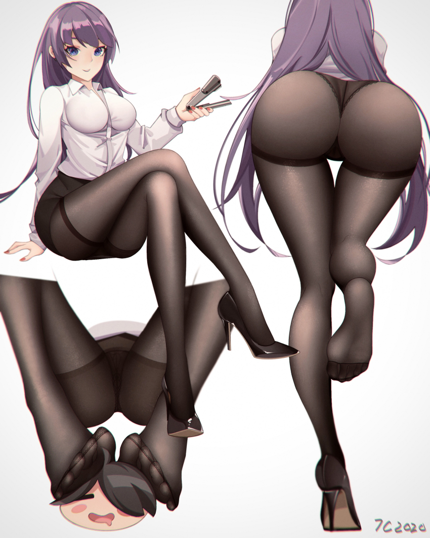 1boy 1girl absurdres araragi_koyomi ass bad_id bad_pixiv_id black_footwear black_panties black_pantyhose black_skirt blue_eyes blush closed_eyes closed_mouth collared_shirt crossed_legs feet from_behind grey_background high_heels highres long_hair miniskirt monogatari_(series) nail_polish office_lady open_mouth panties pantyhose pink_nails purple_hair saliva senjougahara_hitagi senjouhara_nira shirt sitting skirt smile soles stapler thighs toes underwear white_shirt