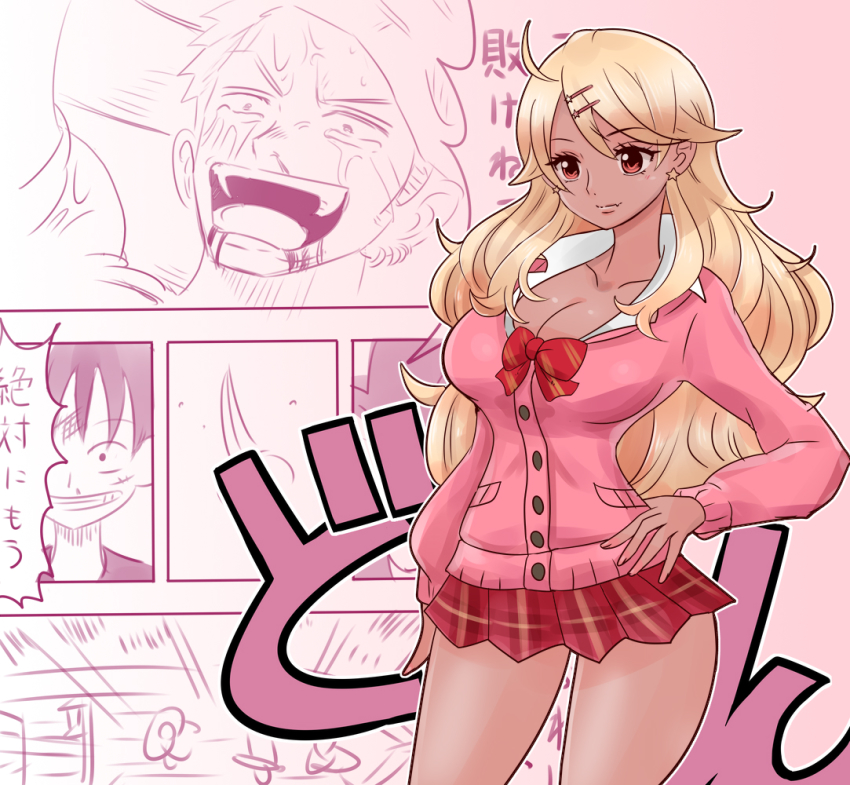 1girl 2boys artist_request blonde_hair breasts cleavage crossover dark_skin gyaru hand_on_own_hip large_breasts long_hair monkey_d._luffy multiple_boys no_bra oda_eiichirou_(style) one_piece ouga_saki parody roronoa_zoro school_uniform shiny_skin smile style_parody translation_request virtual_youtuber