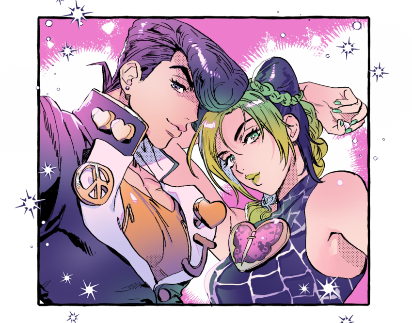 1boy 1girl black_hair cone_hair_bun double_bun gakuran green_eyes green_hair green_nails hair_bun hat higashikata_josuke jojo_no_kimyou_na_bouken kuujou_jolyne long_coat multicolored_hair nail_polish nitako pompadour purple_hair school_uniform stone_ocean two-tone_hair