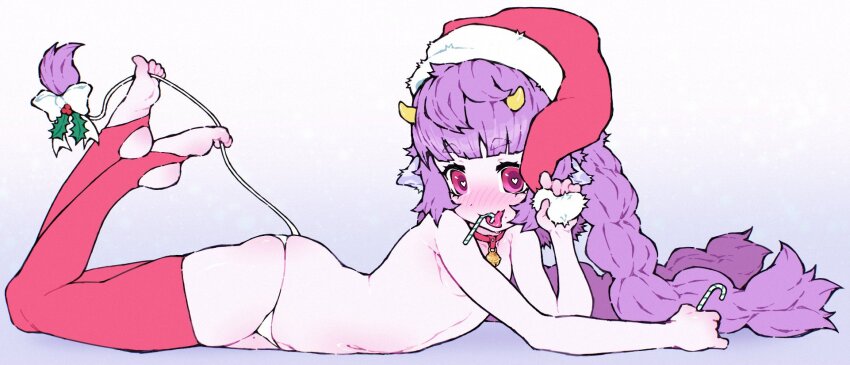 1girl animal_ears ass bell blush bow breasts candy candy_cane collar cow_ears cow_tail feet food from_side hat heart heart-shaped_pupils horns long_hair looking_at_viewer lying mistletoe mole mole_on_thigh muu_muyu navel on_stomach panties phase_connect pink_eyes poruboto purple_hair santa_hat small_breasts soles solo symbol-shaped_pupils tail thighhighs tongue tongue_out topless underwear virtual_youtuber