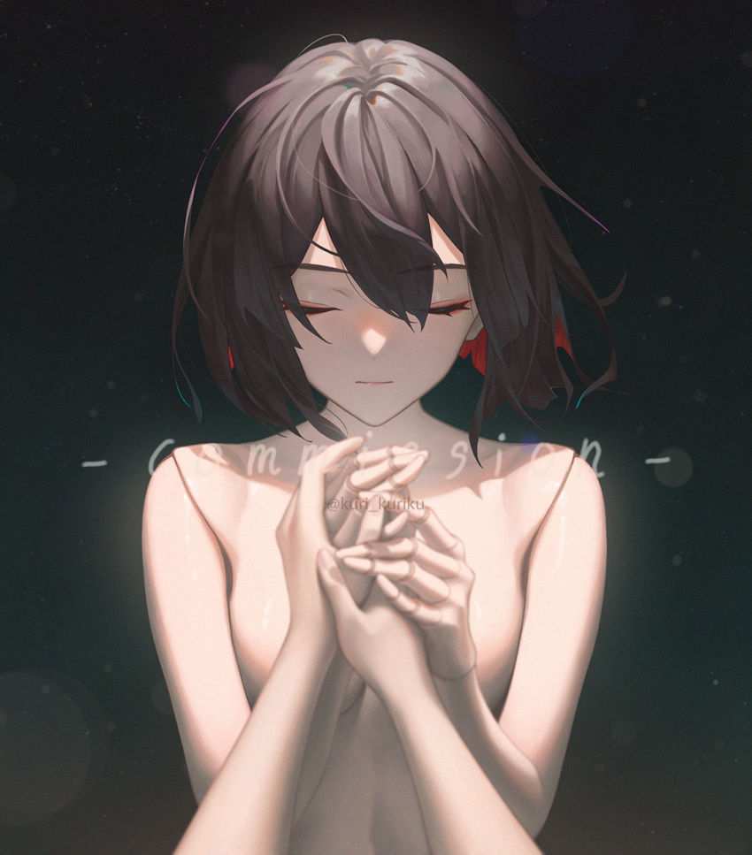 1girl 1other black_background black_hair closed_eyes commission facing_viewer highres holding_hands honkai:_star_rail honkai_(series) kuri_kuriku nude pov short_hair upper_body xueyi_(honkai:_star_rail)