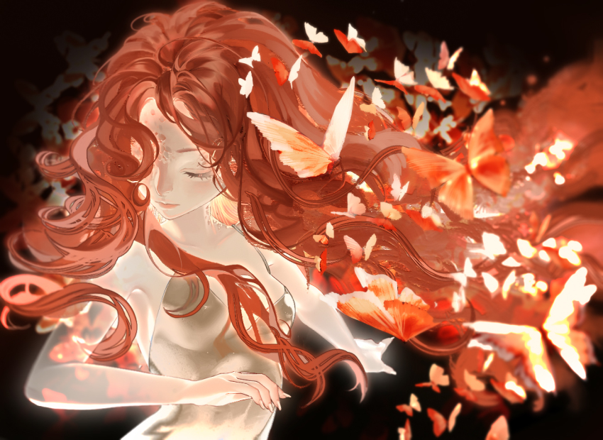 1girl aged_down breasts bug butterfly camisole closed_eyes closed_mouth elden_ring fine_art insect lidali long_hair malenia_blade_of_miquella malenia_goddess_of_rot red_hair simple_background smile solo very_long_hair