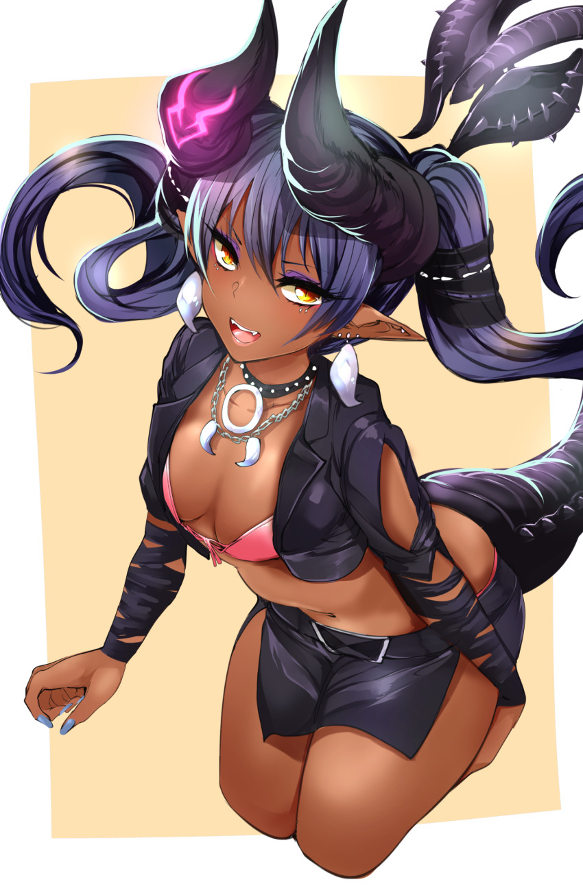 1girl absurdres agetama black_diablos blue_nails breasts choker cleavage collar commentary_request dark-skinned_female dark_skin earrings eyes_visible_through_hair fangs highres horns jewelry long_hair monster_girl monster_hunter_(series) nail_polish navel open_mouth orange_eyes original piercing pink_lips pointy_ears purple_hair slit_pupils solo spiked_collar spikes tail teeth tongue twintails two-tone_background upper_teeth_only white_background yellow_background