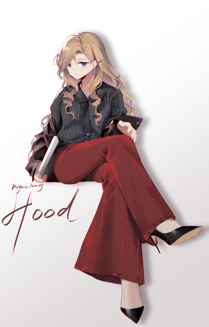 1girl absurdres alternate_costume azur_lane black_footwear black_jacket black_shirt blonde_hair blue_eyes character_name crossed_legs full_body grey_background high_heels highres hood_(azur_lane) jacket long_hair long_sleeves moonlgnance pants red_pants shirt shoes simple_background sitting solo stiletto_heels