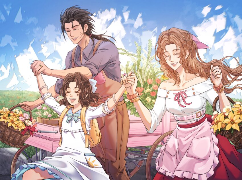 1boy 2girls aerith_gainsborough apron backpack bag bangle bare_shoulders basket black_hair blue_ribbon blue_sky bracelet brown_hair brown_pants child closed_eyes cloud cloudy_sky collarbone commentary couple cowboy_shot crisis_core_final_fantasy_vii cross_scar dress drill_hair drill_sidelocks english_commentary father_and_daughter final_fantasy final_fantasy_vii flower flower_basket grass grey_shirt hair_ribbon hair_slicked_back highres holding holding_basket holding_hands husband_and_wife if_they_mated jewelry long_hair low_ponytail medium_hair mother_and_daughter multiple_girls off-shoulder_shirt off_shoulder open_mouth outdoors pants parted_bangs pink_apron pink_ribbon red_skirt ribbon ring scar shirt sidelocks skirt sky smile spiked_hair sylvthea wagon wedding_ring white_dress white_shirt yellow_flower zack_fair