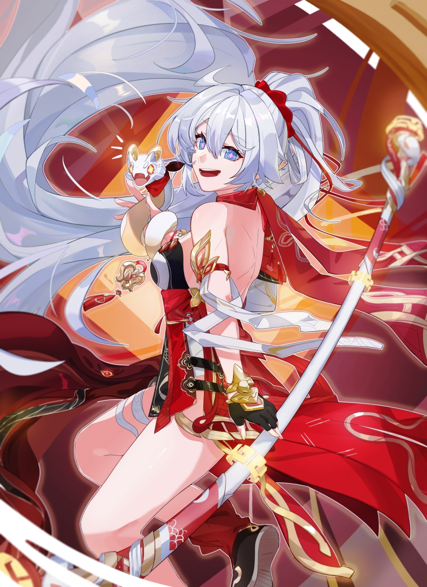 1girl :d absurdres backless_dress backless_outfit bare_back bare_shoulders black_footwear blue_eyes breasts dress highres honkai_(series) honkai_impact_3rd kiana_kaslana long_hair looking_at_viewer meng8866 open_mouth ponytail red_dress red_scrunchie scrunchie shoes small_breasts smile solo thighs very_long_hair white_hair