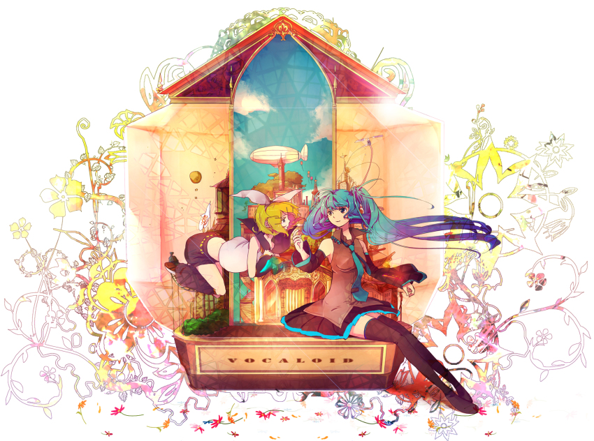 2girls aircraft airship aqua_hair blonde_hair blue_eyes clock detached_sleeves dirigible flower flying hair_ornament hair_ribbon hairclip hashimochi hasimochi hatsune_miku highres kagamine_rin long_hair midriff multiple_girls necktie petals ribbon short_hair sitting skirt smile thighhighs tower twintails very_long_hair vocaloid zettai_ryouiki