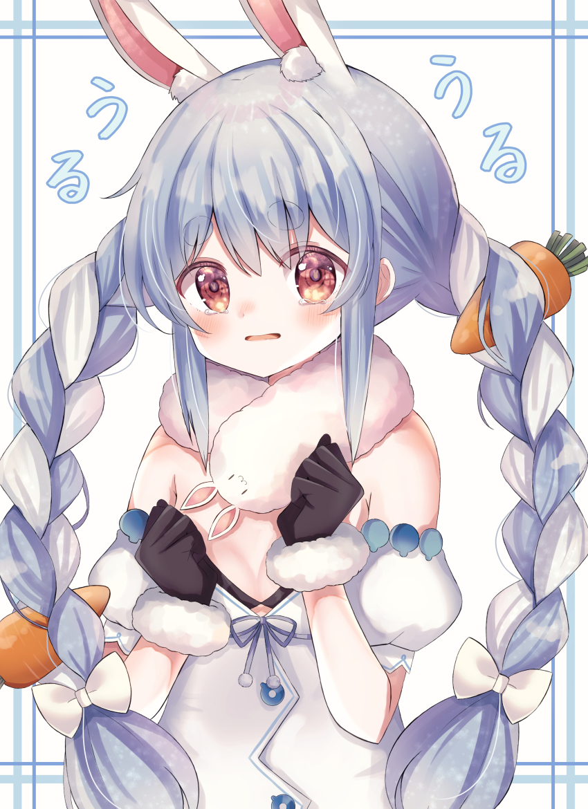 1girl absurdres animal_ear_fluff animal_ears bare_shoulders black_gloves blue_hair braid breasts carrot_hair_ornament clenched_hands food-themed_hair_ornament fur-trimmed_gloves fur_trim gloves hair_ornament highres hololive leotard leotard_under_clothes long_hair looking_at_viewer multicolored_hair orange_eyes rabbit-shaped_pupils rabbit_ears rabbit_girl small_breasts solo strapless symbol-shaped_pupils thick_eyebrows twin_braids twintails twitter_username two-tone_hair usada_pekora usada_pekora_(1st_costume) virtual_youtuber w_arms white_hair yomomaru