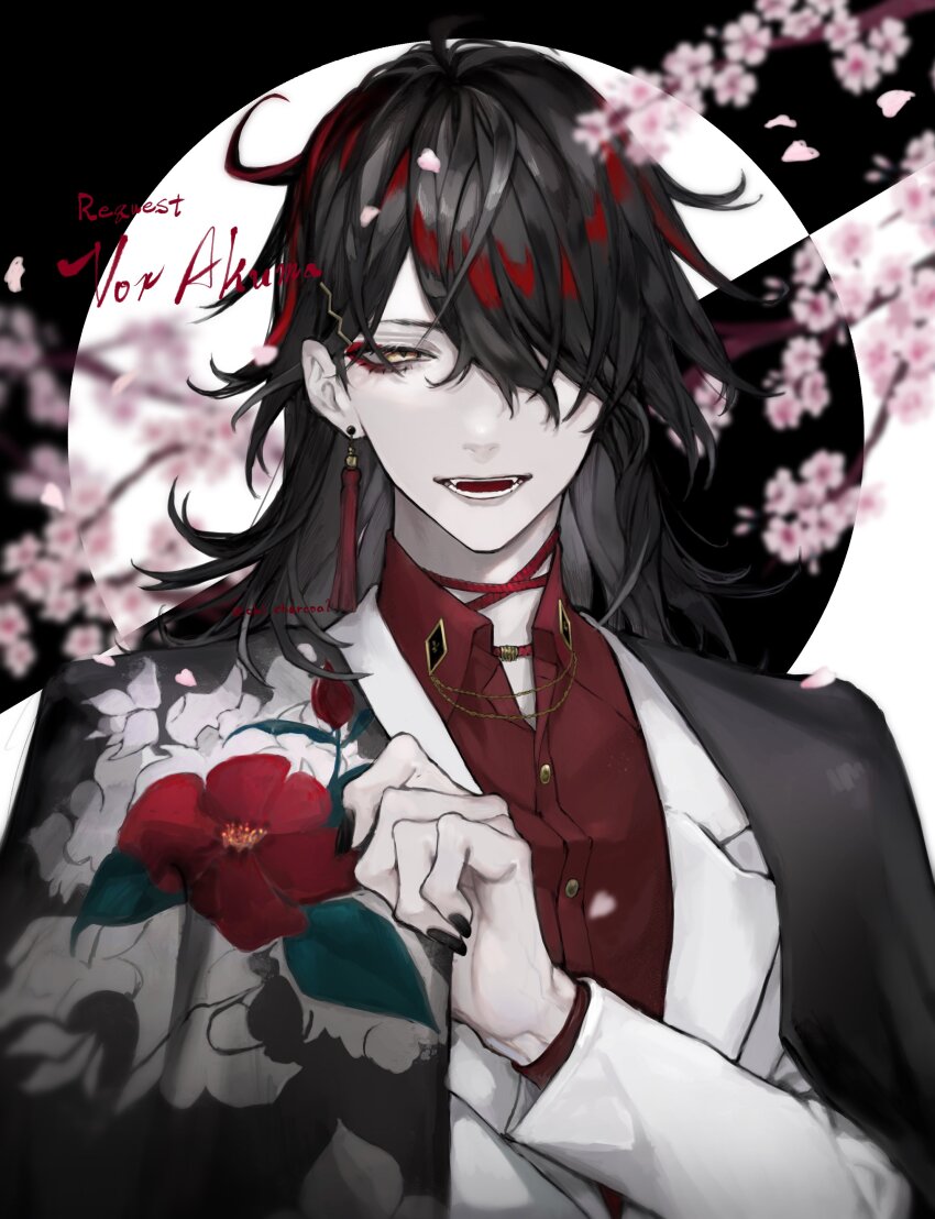 1boy absurdres black_hair black_nails cherry_blossoms colored_skin dress_shirt eyeliner floral_print hair_over_one_eye highres jacket kimono_on_shoulders long_hair male_focus multicolored_hair nijisanji nijisanji_en oki_charcoal open_mouth red_eyeliner red_hair red_shirt shirt solo virtual_youtuber vox_akuma vox_akuma_(1st_costume) white_jacket white_skin yellow_eyes