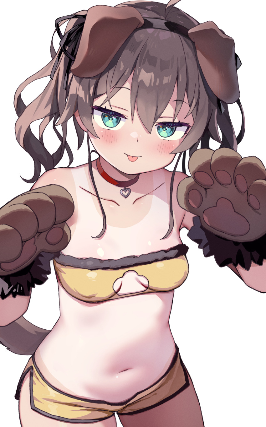 1girl :p absurdres ahoge animal_ears animal_hands aqua_eyes ayaoshiro blush breasts brown_hair choker cleavage_cutout clothing_cutout collarbone dog_ears fake_animal_ears gloves highres hololive looking_at_viewer loungewear natsuiro_matsuri natsuiro_matsuri_(matsuri&#039;s_day_off) navel official_alternate_costume paw_gloves red_choker short_shorts shorts simple_background small_breasts solo stomach strapless tongue tongue_out tube_top virtual_youtuber white_background yellow_shorts yellow_tube_top