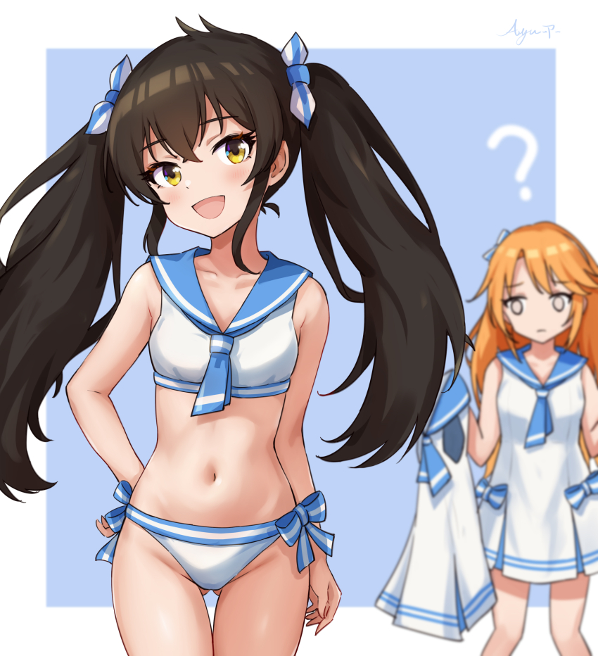 2girls ? absurdres bikini black_hair blue_background blue_bow blue_neckerchief blue_sailor_collar blurry blush border bow breasts collarbone commentary_request cowboy_shot depth_of_field dress empty_eyes expressionless gluteal_fold groin hair_between_eyes hair_ribbon hand_on_own_hip highres holding holding_unworn_clothes holding_unworn_dress idolmaster idolmaster_cinderella_girls idolmaster_cinderella_girls_u149 koaya long_hair looking_at_viewer matoba_risa multiple_girls navel neckerchief open_mouth orange_hair ribbon sailor_collar sailor_swimsuit_(idolmaster) sidelocks signature small_breasts smile solo_focus stomach swimsuit thighs twintails white_bikini white_border white_dress yellow_eyes yuuki_haru