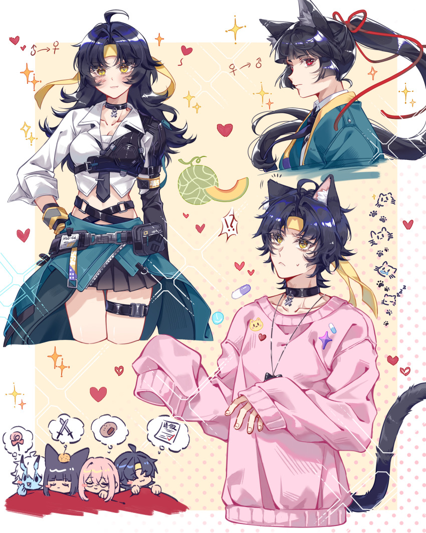 1boy 3girls absurdres ahoge animal_ears asaba_harumasa black_hair black_necktie blue_skin blunt_bangs blush closed_eyes closed_mouth colored_skin dreaming dress_shirt fox_ears fox_girl genderswap genderswap_(ftm) glasses green_jacket hair_between_eyes headband highres hoshimi_miyabi jacket long_hair looking_at_viewer multiple_girls necktie oni parted_bangs pill pink_hair ponytail shirt short_hair sidelocks sleeping smile soukaku_(zenless_zone_zero) tsukishiro_yanagi white_hair white_shirt xingseyekong yellow_eyes yellow_headband zenless_zone_zero