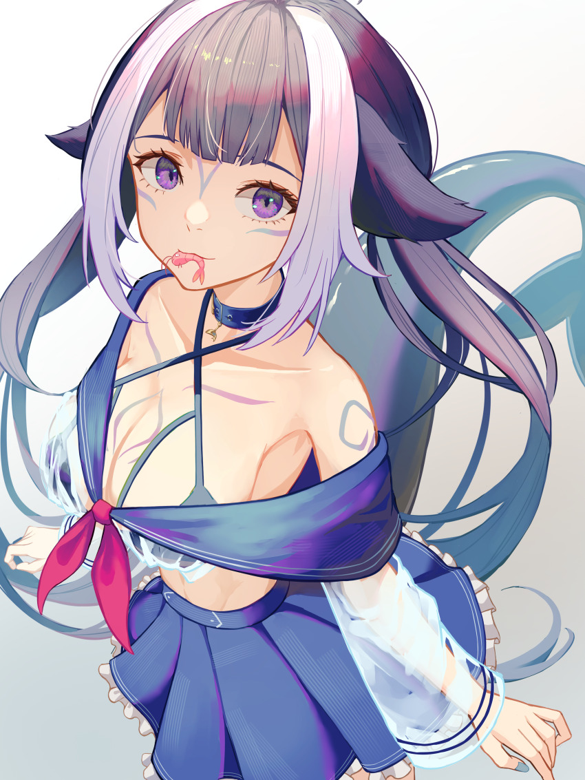 1girl absurdres animal_ears belt_collar bikini black_bikini black_hair black_sailor_collar blue_collar blue_skirt body_markings breasts cetacean_tail collar criss-cross_halter crop_top eyelashes facial_mark fins fish_tail halterneck highres indie_virtual_youtuber large_breasts long_hair mouth_hold mozzu123 multicolored_hair orca_girl pink_ribbon purple_eyes ribbon sailor_collar see-through see-through_shirt see-through_sleeves shirt shrimp shylily shylily_(1st_costume) skirt solo streaked_hair swimsuit tail two-tone_hair virtual_youtuber white_hair