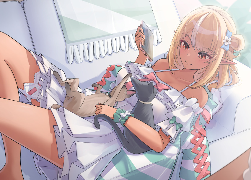 1girl absurdres animal animal_on_lap blonde_hair cat cat_on_lap cellphone couch dark-skinned_female dark_skin dress highres holding holding_phone hololive long_hair lying mintea_(minteashake) on_back on_couch on_lap orange_eyes phone pointy_ears shiranui_flare shiranui_flare_(loungewear) smartphone smile virtual_youtuber white_dress