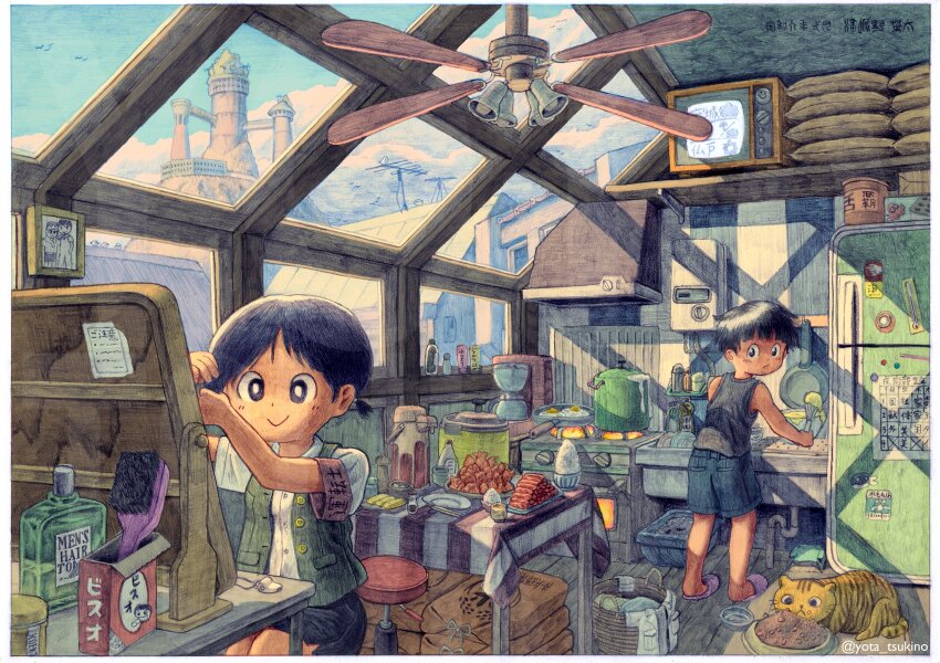 1boy 1girl animal armband basket black_hair blue_shorts border bowl cat ceiling child chopsticks coffee_maker colored_pencil_(medium) cooking cooking_pot crt food frying_pan green_vest hair_brush highres indoors iqra looking_at_mirror looking_back mirror original plate radio_antenna refrigerator short_hair short_sleeves short_twintails shorts sitting sleeveless slippers standing stool stove table television tower traditional_media twintails twitter_username vest watermark whisk white_border window_shadow