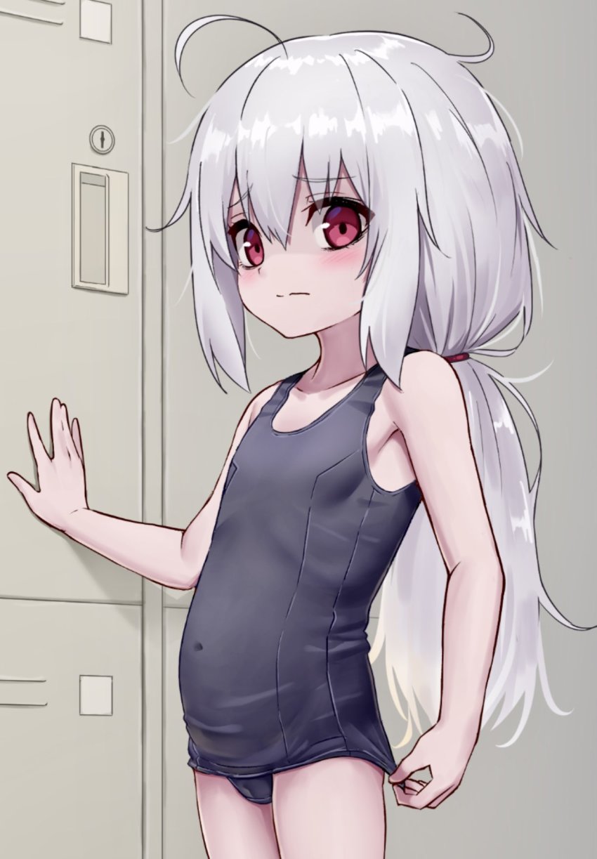 1girl adjusting_clothes adjusting_swimsuit ahoge blue_one-piece_swimsuit breasts cameltoe covered_navel eha7y highres locker locker_room long_hair messy_hair one-piece_swimsuit original ponytail red_eyes school_swimsuit silver_hair small_breasts solo swimsuit