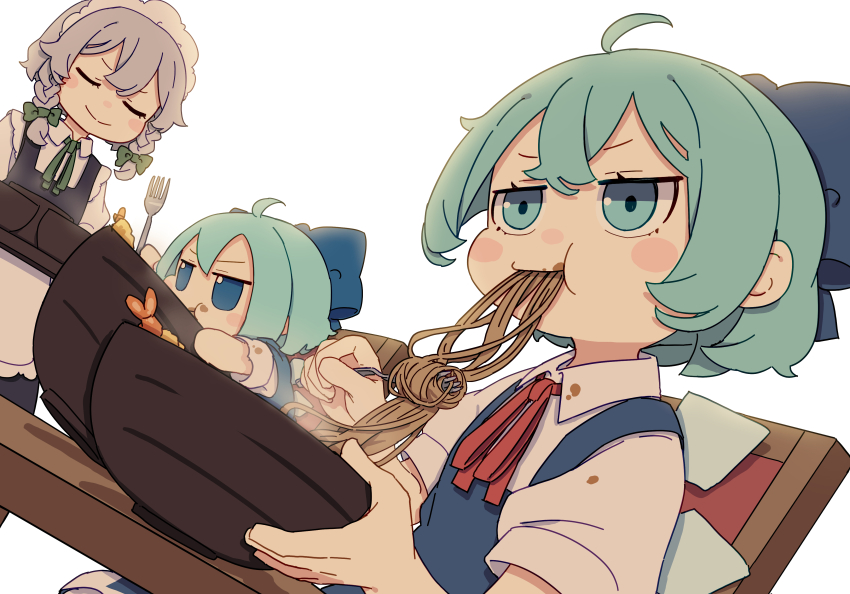 3girls absurdres ahoge blue_bow blue_eyes blue_hair blush_stickers bow bowl braid cirno closed_eyes closed_mouth collared_shirt commentary_request eating food fork fumo_(doll) green_bow green_ribbon grey_hair hair_bow highres holding holding_fork ice ice_wings izayoi_sakuya kame_(kamepan44231) maid_headdress multiple_girls neck_ribbon noodles on_chair puffy_short_sleeves puffy_sleeves red_ribbon ribbon shirt short_hair short_sleeves shrimp sitting smile touhou twin_braids white_shirt wings