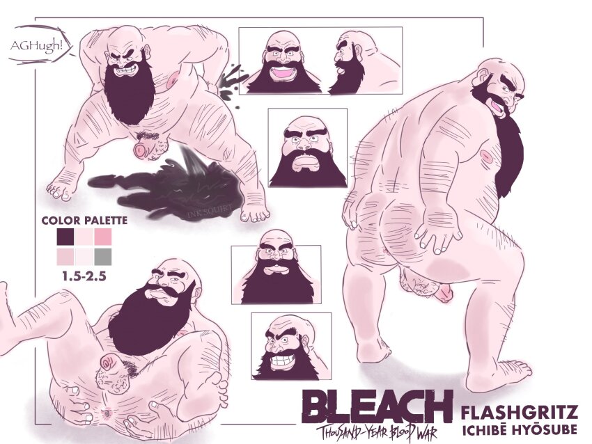 ass_hair bald beard bleach completely_nude facial_hair fat fat_man feet full_beard hairy highres hyousube_ichibei male_focus nipples nude old old_man penis self-upload sketch small_penis squatting