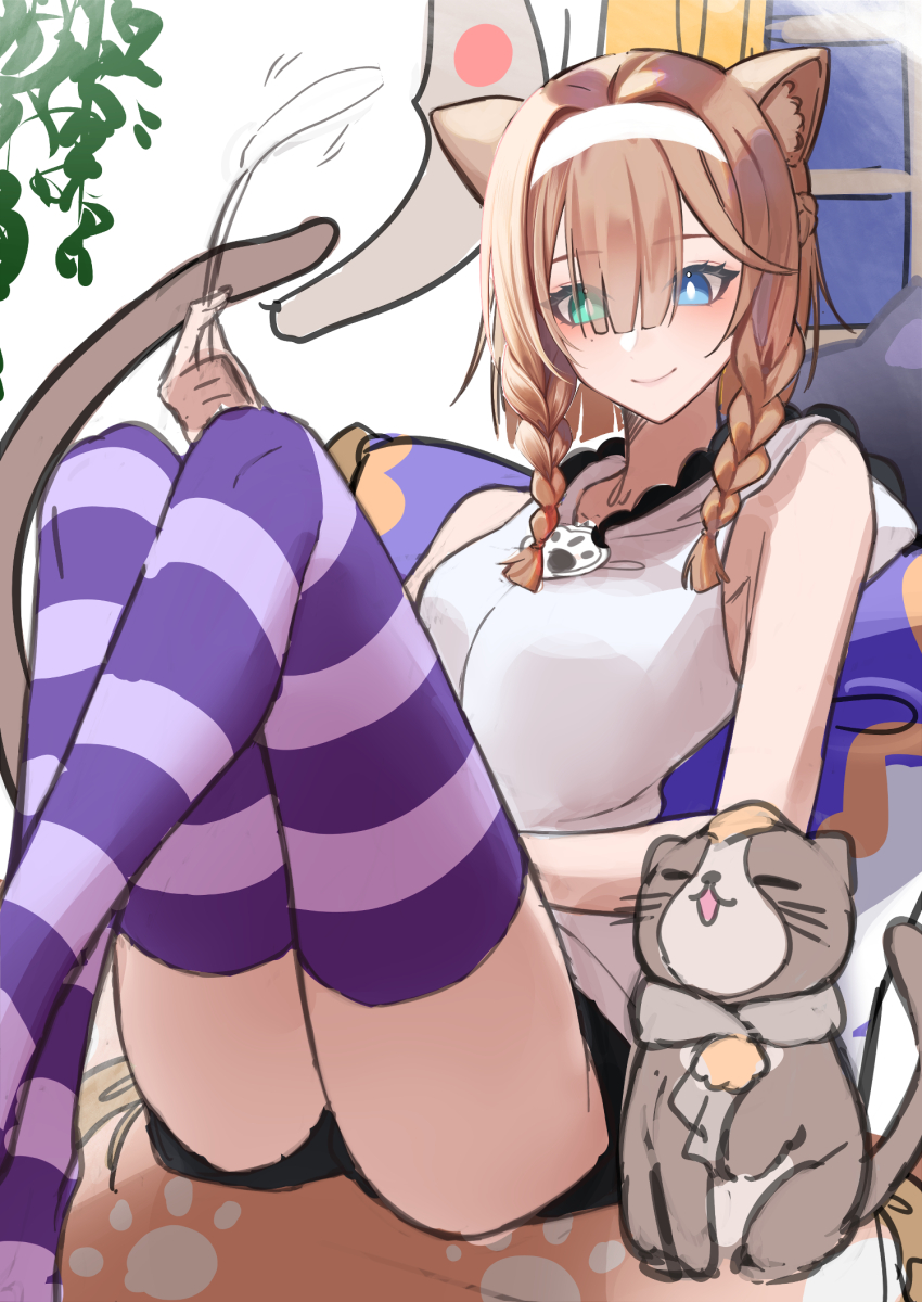 1girl animal animal_ear_fluff animal_ears bare_shoulders black_shorts braid breasts brown_hair can_(honkai_impact) cat cat_ears cat_girl cat_tail cat_teaser commentary_request curtains eyes_visible_through_hair feet_out_of_frame hair_over_one_eye highres holding honkai_(series) honkai_impact_3rd hood hood_down indoors knees_up pardofelis shirt short_shorts shorts side_braids sitting sleeveless sleeveless_shirt small_breasts striped_clothes striped_thighhighs tail thighhighs twin_braids white_shirt window yunomi_(yunomi_hs)