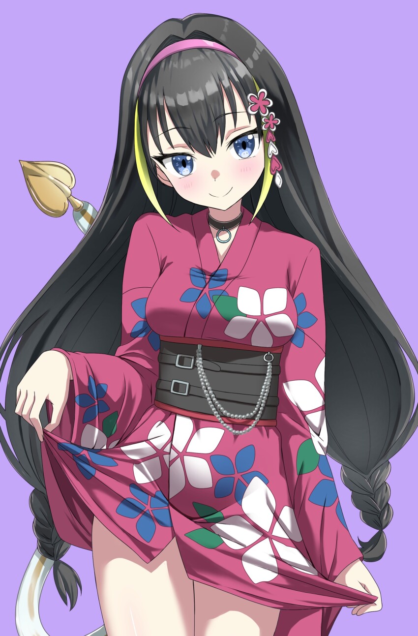 1girl absurdres black_choker black_hair blonde_hair blue_eyes braid breasts choker commentary_request demon_tail floral_print floral_print_kimono gradient_hair hair_ornament hairband highres japanese_clothes kimono lessar lifting_own_clothes long_hair looking_at_viewer low-tied_long_hair low_twin_braids mechanical_tail medium_breasts multicolored_hair obi official_alternate_costume paradox_(hatto_air) pink_hairband purple_kimono sash simple_background smile solo tail toaru_majutsu_no_index toaru_majutsu_no_index:_imaginary_fest twin_braids very_long_hair