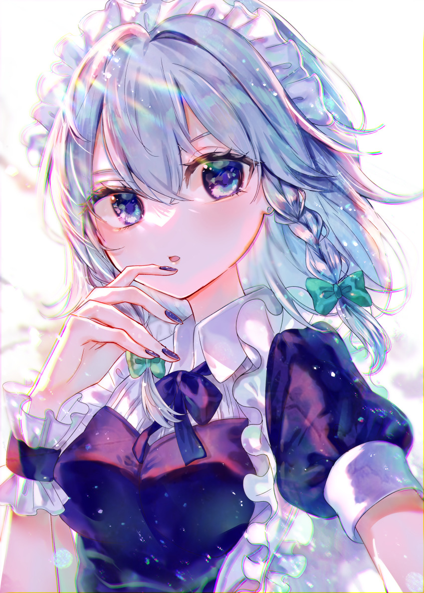 1girl absurdres black_nails bow braid commentary_request green_bow grey_hair hair_bow highres itsumizu izayoi_sakuya looking_at_viewer maid maid_headdress open_mouth side_braids simple_background solo touhou twin_braids upper_body white_background wrist_cuffs