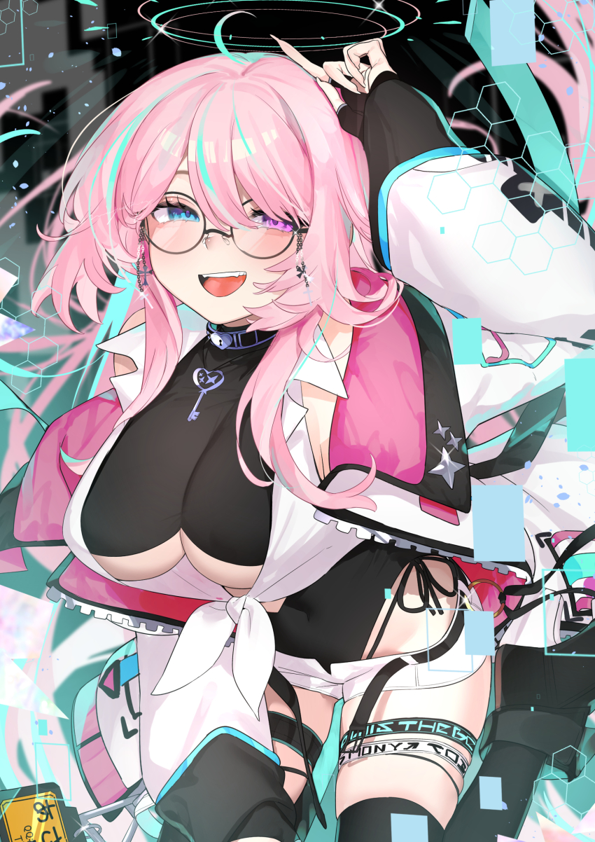 1girl :d ahoge aqua_hair black_leotard black_thighhighs blue_eyes blush breasts commission covered_navel glasses halo hand_up heterochromia highres jacket large_breasts leaning_forward leotard long_hair long_sleeves looking_at_viewer mayuri_kaichou multicolored_hair open_clothes open_jacket open_mouth pink_hair purple_eyes round_eyewear shorts skeb_commission smile solo streaked_hair teeth thigh_strap thighhighs two-tone_hair underboob upper_teeth_only vrchat white_jacket white_shorts