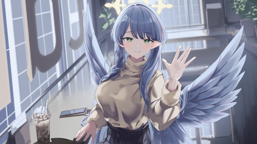 1girl alternate_costume black_skirt blue_archive blue_hair braid brown_sweater cellphone coffee feathered_wings fur_trim green_eyes hair_behind_ear hair_between_eyes highres iced_coffee long_hair looking_at_viewer mine_(blue_archive) phone pointy_ears sidelocks skirt smartphone sweater tamagore turtleneck turtleneck_sweater waving_hands wings