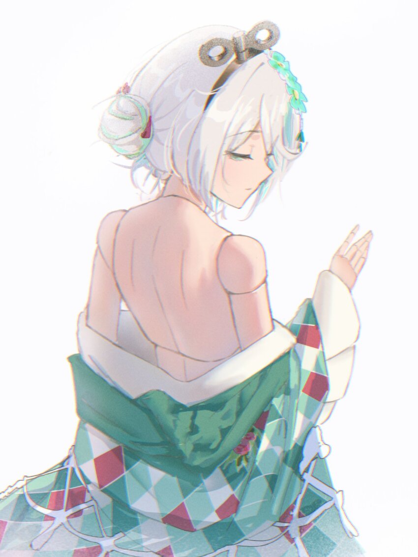 1girl back back_focus cecilia_immergreen cecilia_immergreen_(new_year) doll_joints double_bun flower from_behind green_eyes green_kimono grey_hair hair_bun hair_flower hair_ornament highres hololive hololive_english japanese_clothes joints kimono open_clothes open_kimono varsien virtual_youtuber white_background winding_key