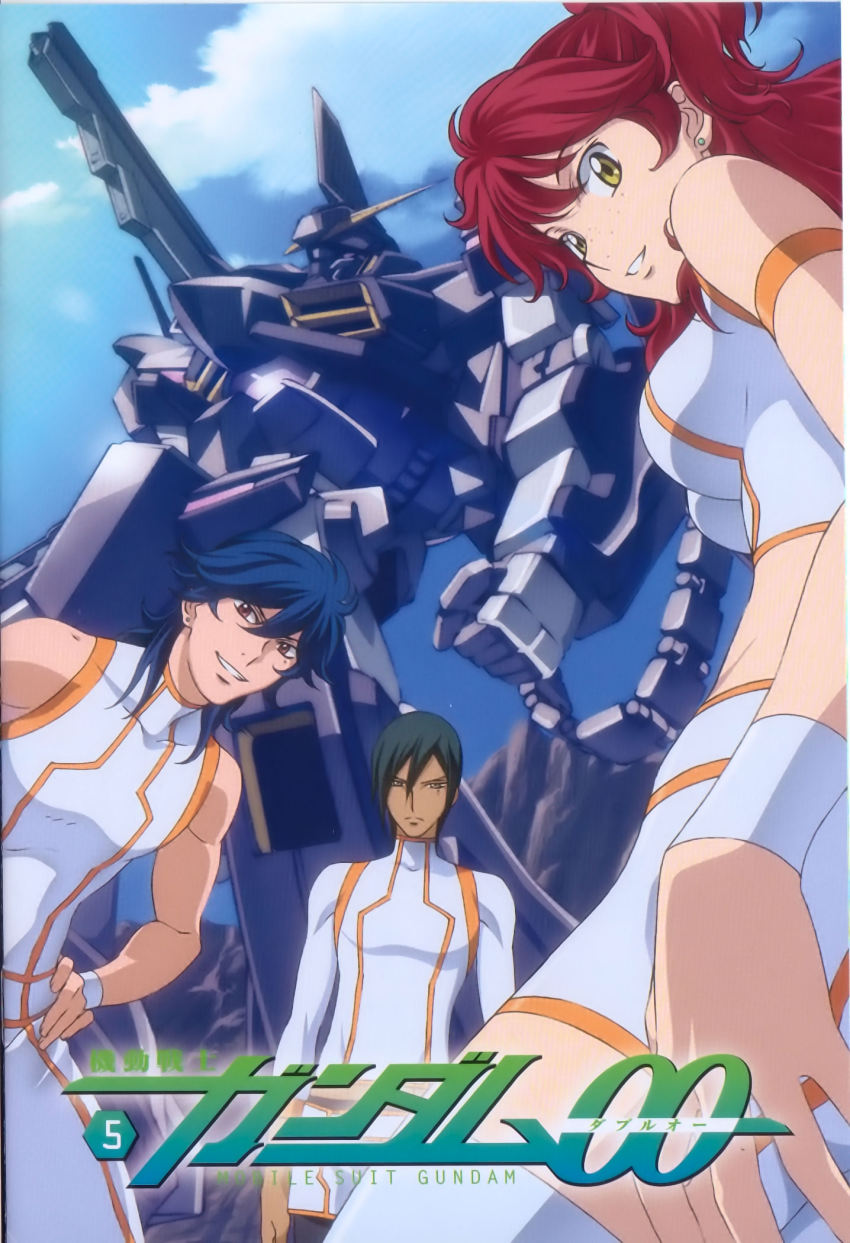 00s 1girl 2boys brother_and_sister brothers freckles gundam gundam_00 highres johann_trinity long_hair mecha michael_trinity midriff multiple_boys nena_trinity red_hair robot scan shorts siblings thighhighs yellow_eyes zettai_ryouiki