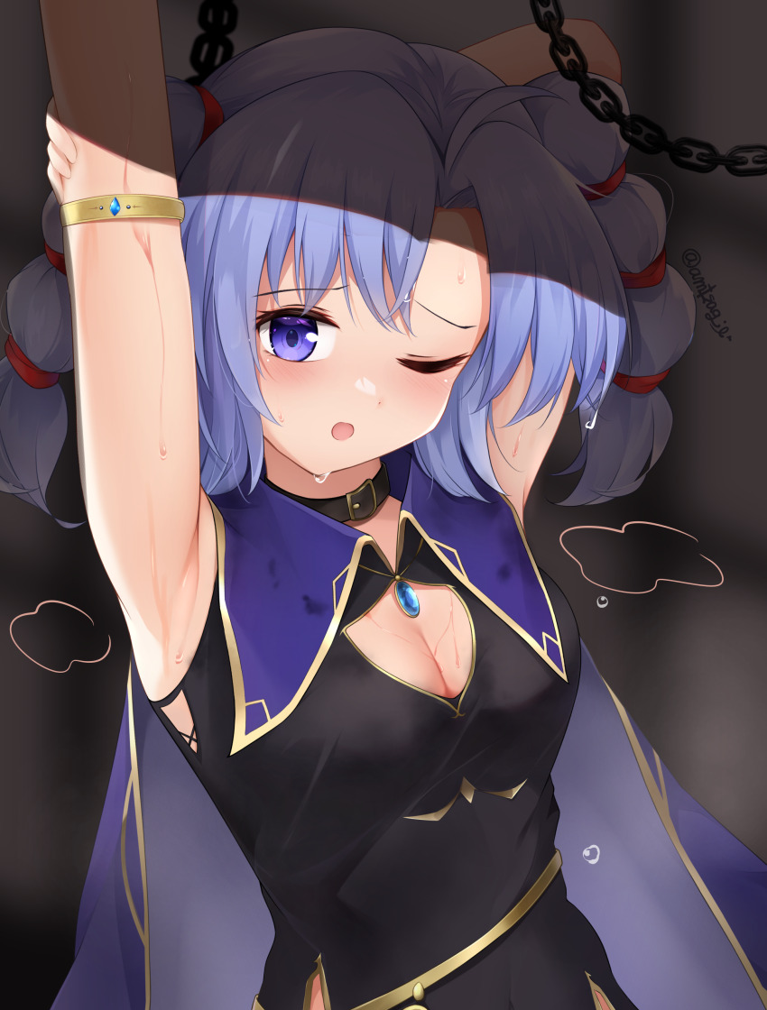 1girl ;o absurdres ahoge ameno_sagiri_(artist) arm_up armlet armpits asymmetrical_bangs black_choker black_dress breasts cape chain choker cleavage commentary_request crossed_bangs curtained_hair dot_nose dress fire_emblem fire_emblem:_genealogy_of_the_holy_war gold_trim highres jewelry looking_at_viewer medium_breasts multi-tied_hair nintendo one_eye_closed purple_cape purple_eyes purple_hair short_hair solo sweat tine_(fire_emblem) twintails wet