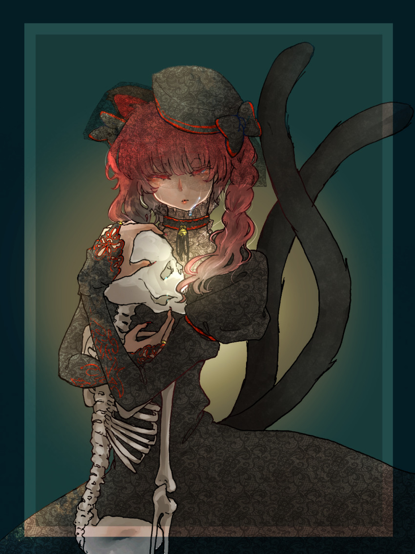 1girl animal_ears black_dress braid cat_ears cat_tail choker closed_mouth dress fingernails grey_hat hat highres hug jewelry juliet_sleeves kaenbyou_rin lace_dress long_sleeves multiple_tails puffy_sleeves r18ankou red_eyes red_hair red_nails ring sharp_fingernails skeleton solo tail touhou two_tails