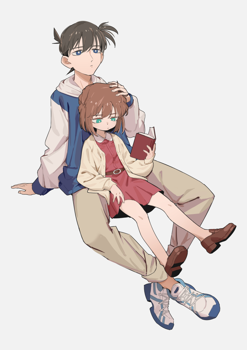 1boy 1girl absurdres black_hair blue_eyes book brown_hair dress edogawa_conan expressionless full_body green_eyes haibara_ai headpat highres holding holding_book hood hoodie jacket loafers meitantei_conan open_clothes open_jacket shoes short_hair simple_background sneakers yazato_ichimushi