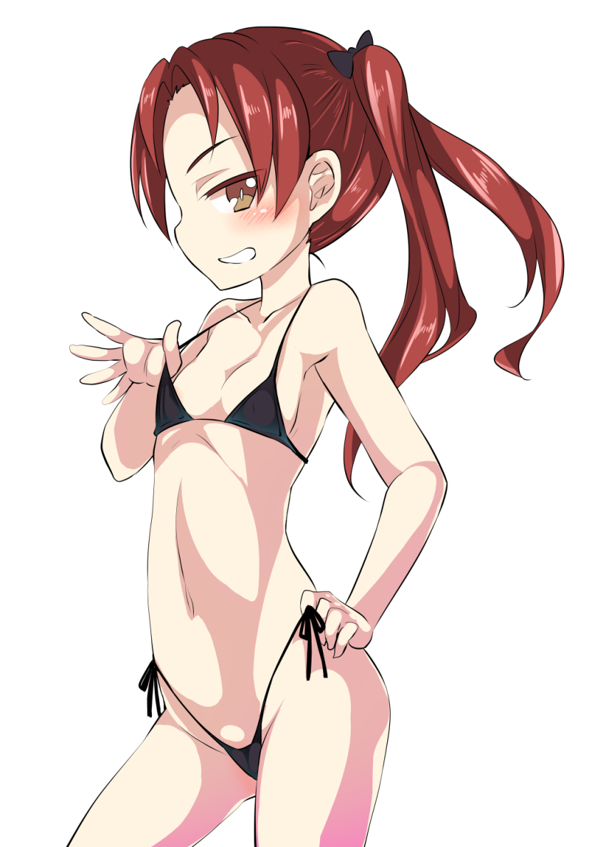 10s 1girl bikini black_bikini blush cowboy_shot female_focus flat_chest girls_und_panzer grin hair_ribbon hand_on_own_hip highres kadotani_anzu long_hair micro_bikini miyao_ryuu naughty_face red_eyes red_hair ribbon side-tie_bikini_bottom simple_background smile solo standing strap_pull swimsuit thong thong_bikini twintails white_background wide_hips