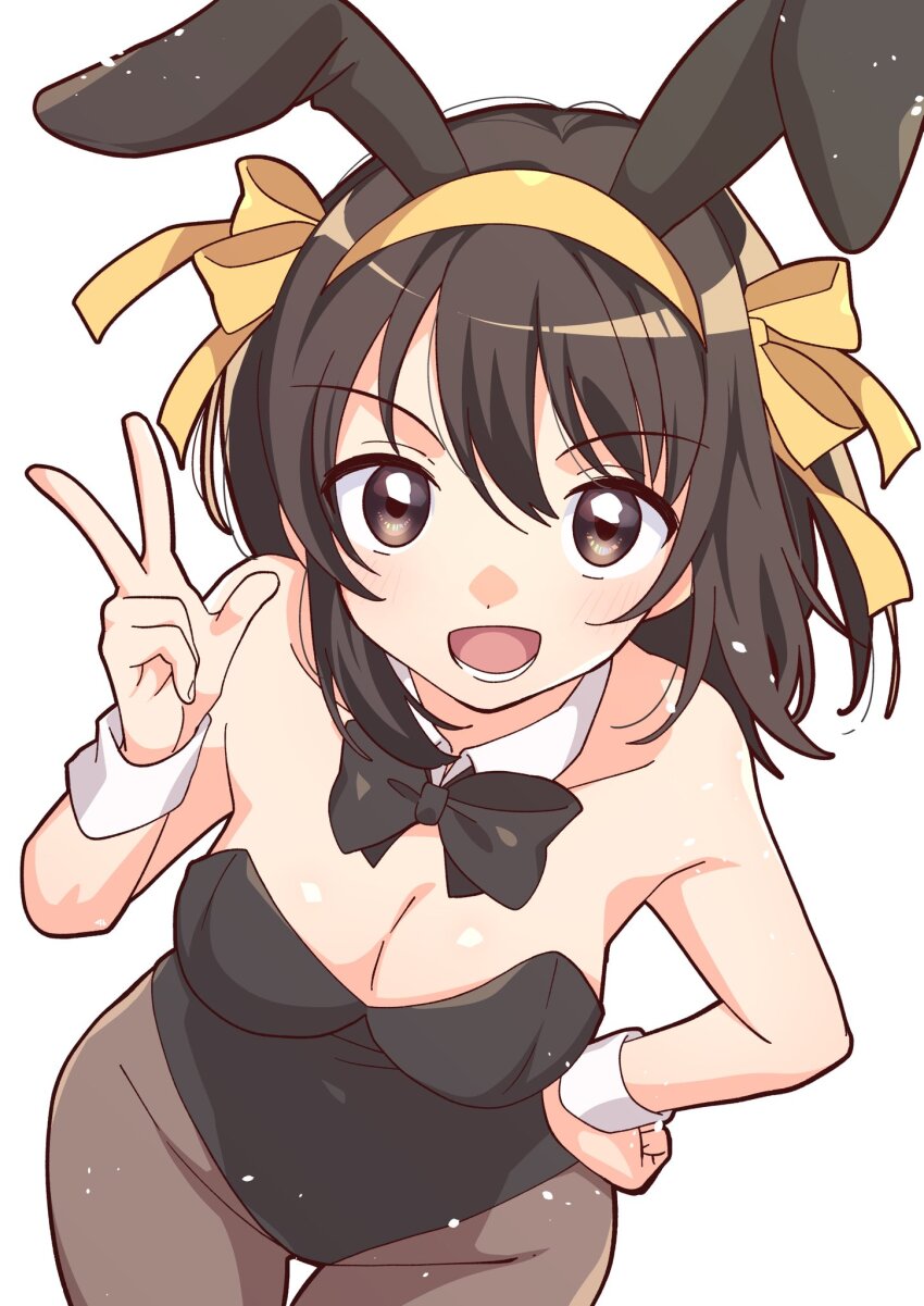 1girl :d animal_ears black_bow black_bowtie black_leotard bow bowtie breasts brown_eyes brown_hair brown_pantyhose cleavage commentary_request detached_collar fake_animal_ears hair_between_eyes hairband hand_on_own_hip highres leotard looking_at_viewer lower_teeth_only medium_breasts medium_hair official_alternate_costume open_mouth pantyhose playboy_bunny rabbit_ears ribbon simple_background smile solo standing suzumiya_haruhi suzumiya_haruhi_no_yuuutsu taiki_(6240taiki) teeth tongue v white_background white_wrist_cuffs wrist_cuffs yellow_hairband yellow_ribbon