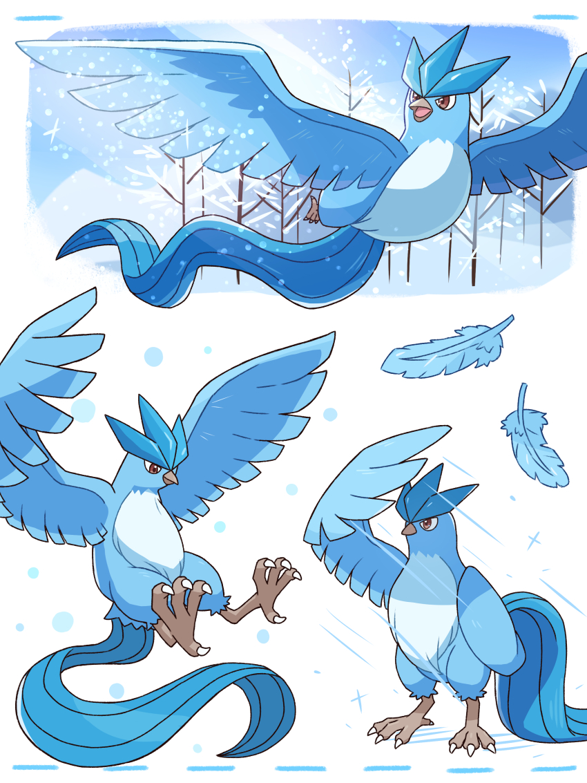 absurdres animal_focus articuno bird claws commentary_request creatures_(company) flying game_freak gen_1_pokemon highres legendary_pokemon looking_down neko_gyoza nintendo no_humans open_mouth pokemon pokemon_(creature) rain red_eyes snow standing tree wings winter